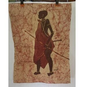 Vintage 1986 African Batik Cloth Art Signed A.B. Scomau – Woman with Spear